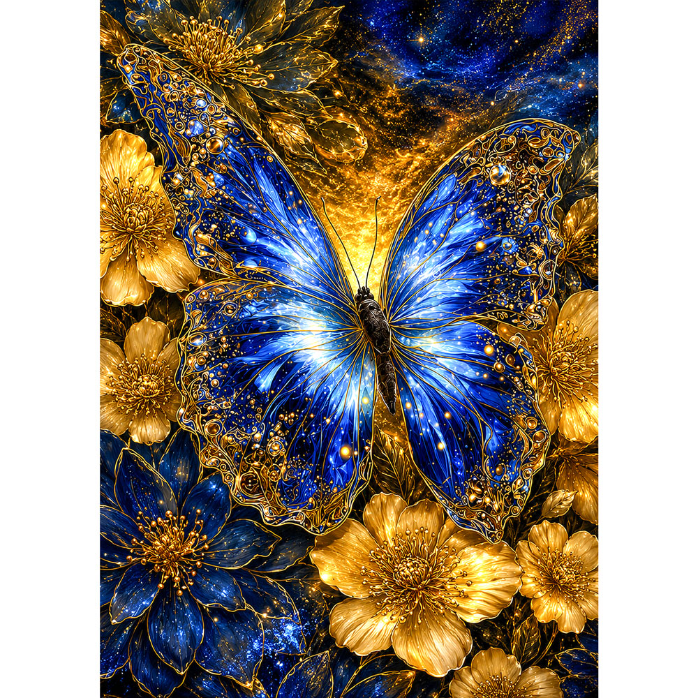 5D Diamond Painting – Saphirflügel im Goldenen Firmament | Unique Diamond