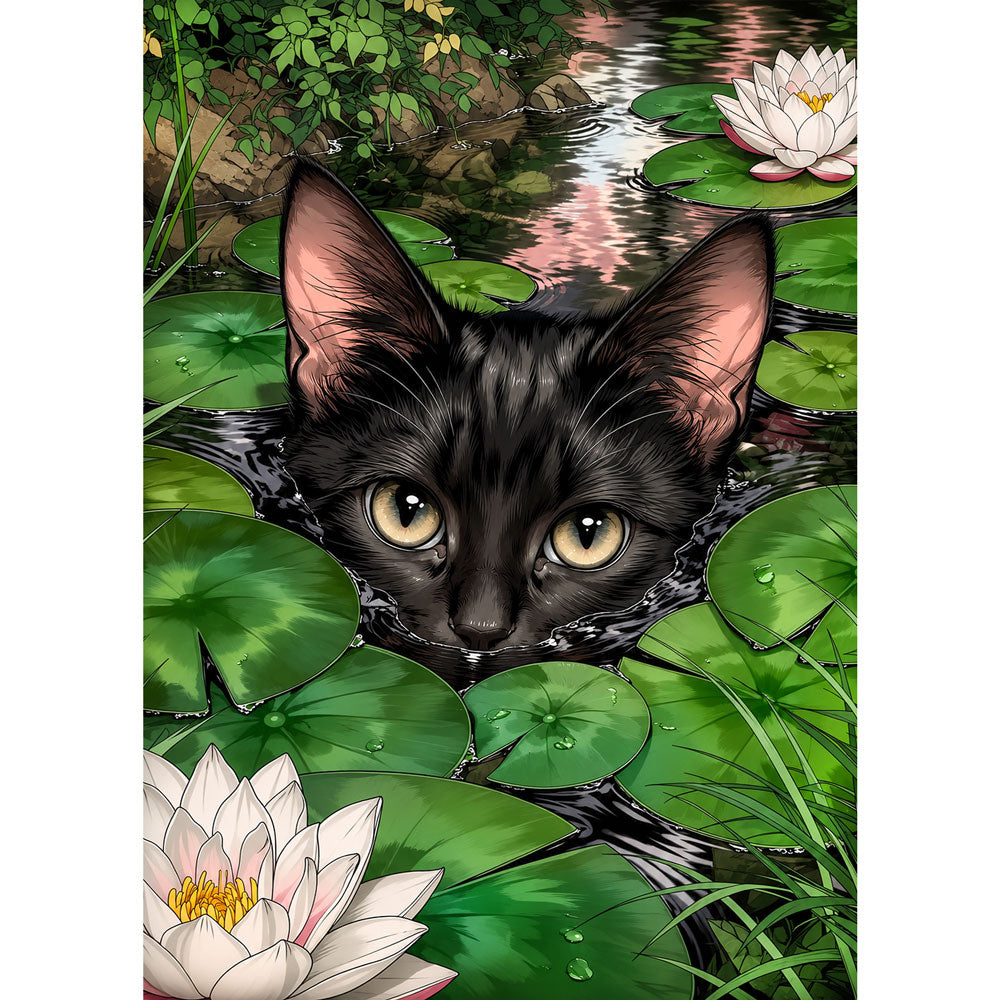 5D Diamond Painting – Schwarze Katze im Seerosenteich | Unique Diamond