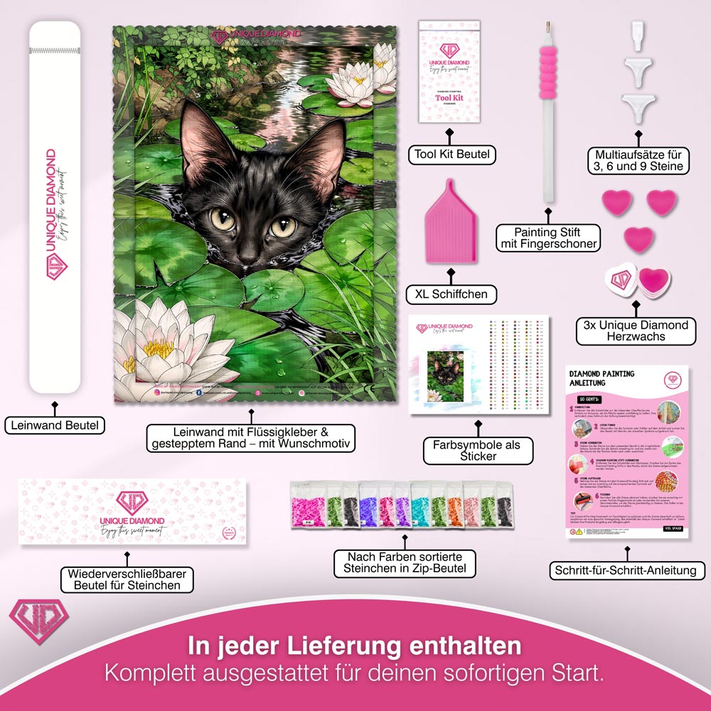 5D Diamond Painting – Schwarze Katze im Seerosenteich