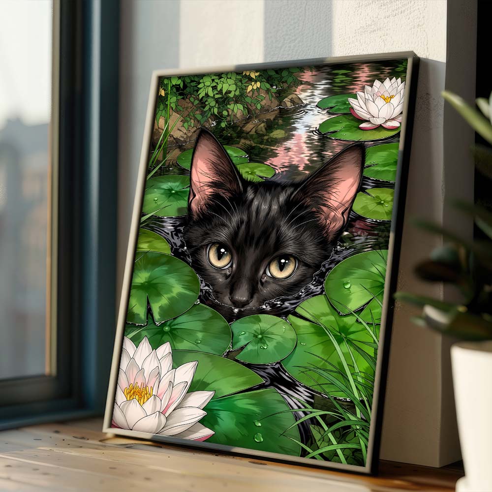 5D Diamond Painting – Schwarze Katze im Seerosenteich