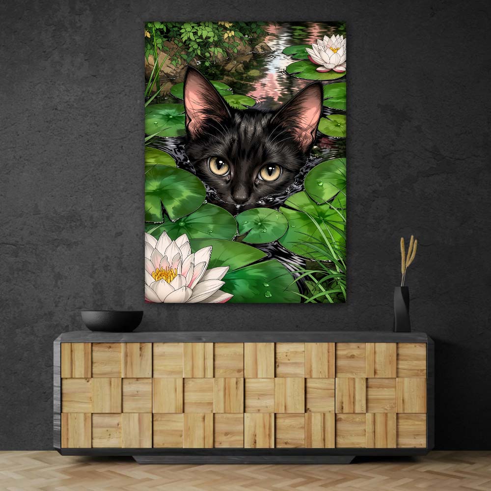 5D Diamond Painting – Schwarze Katze im Seerosenteich