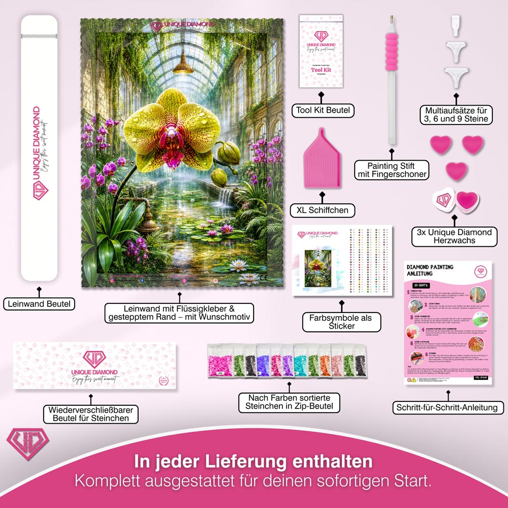 5D Diamond Painting – Smaragdorchidee im Glashaus der Ewigkeit
