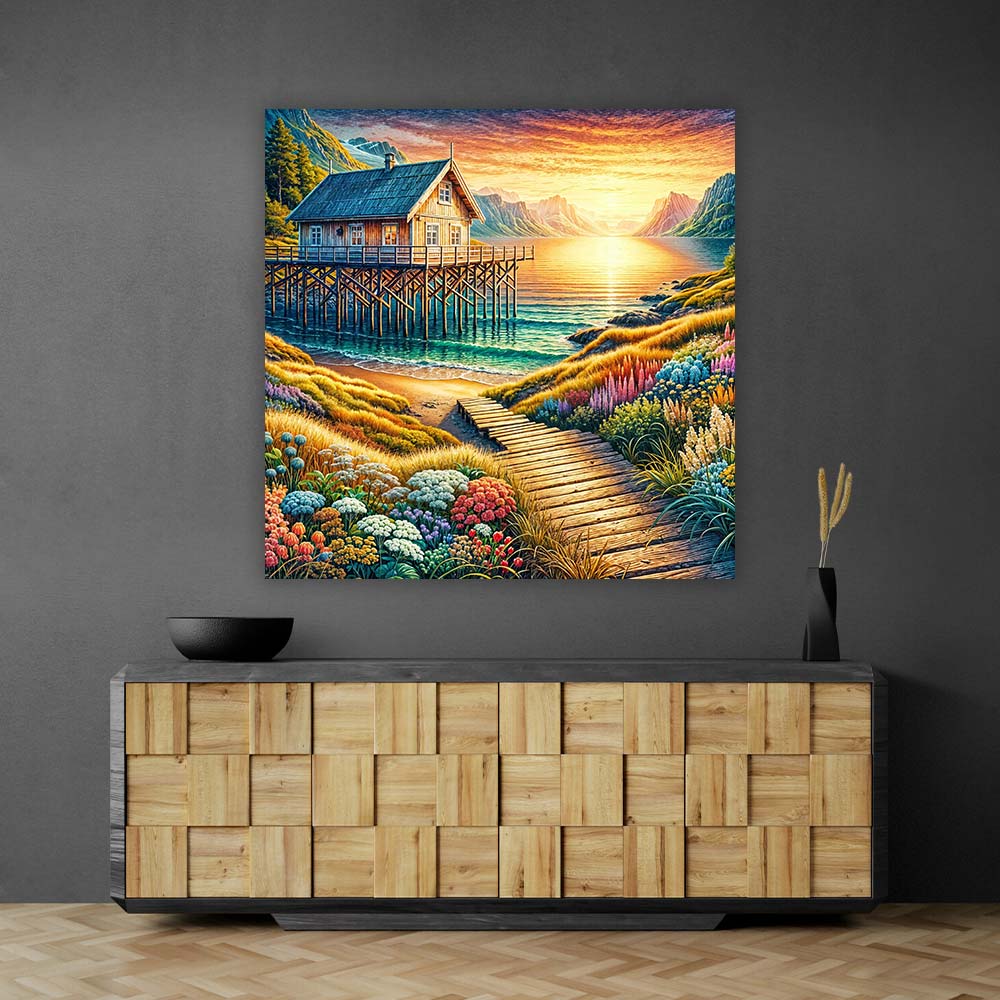 5D Diamond Painting – Sonnenpfad zur Fjordhütte Unique-Diamond