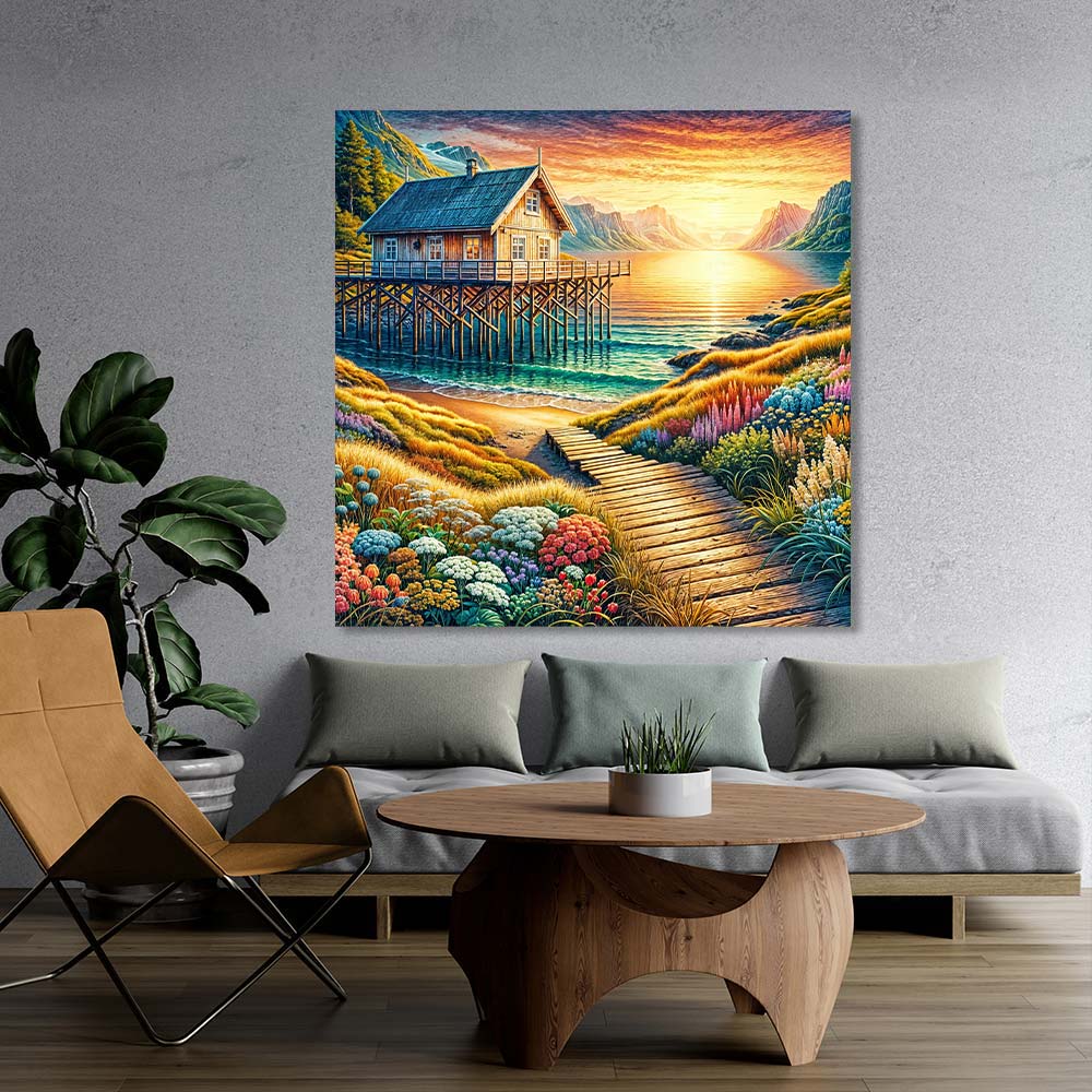 5D Diamond Painting – Sonnenpfad zur Fjordhütte Unique-Diamond