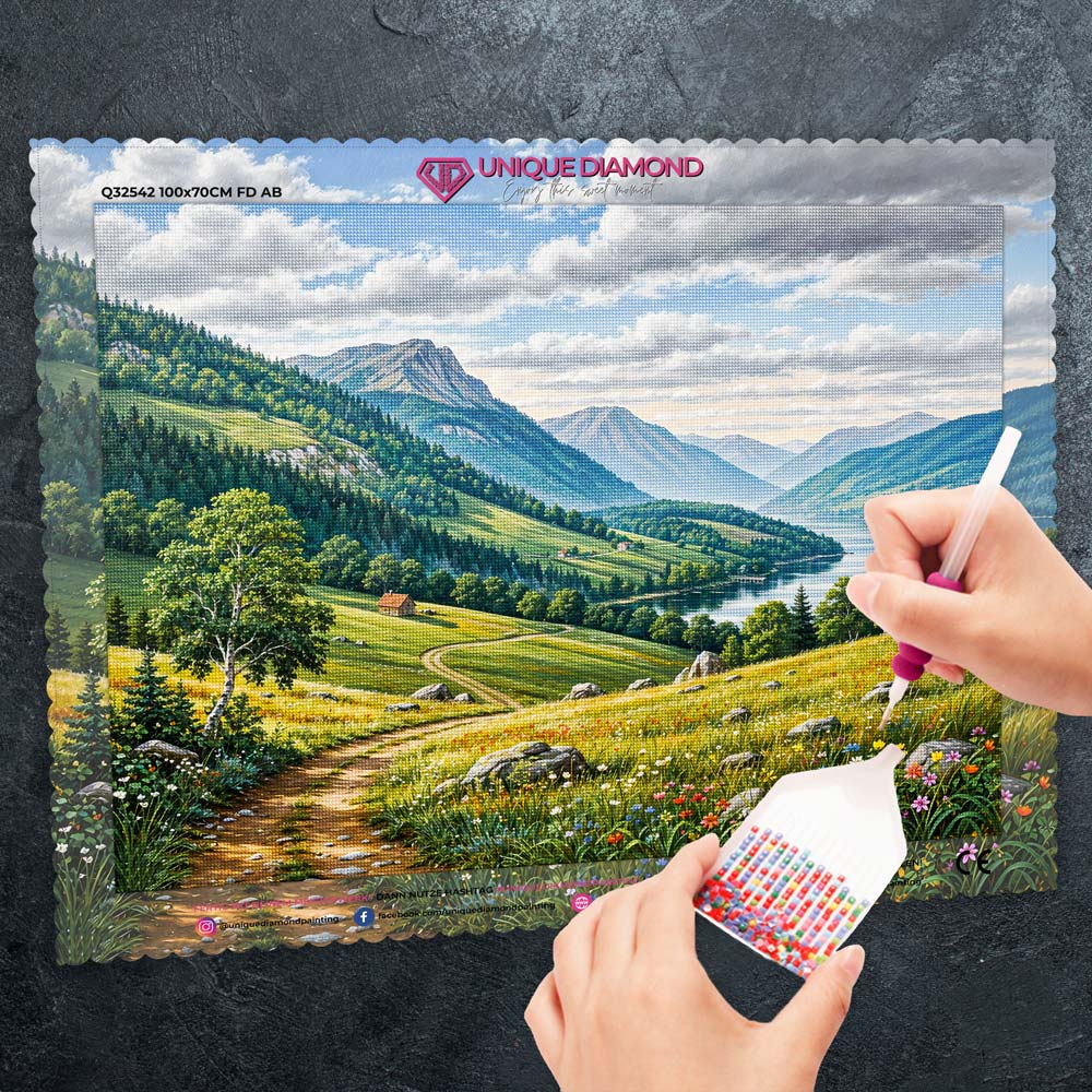 5D Diamond Painting – Sonnental mit Bergpanorama und Flusslauf