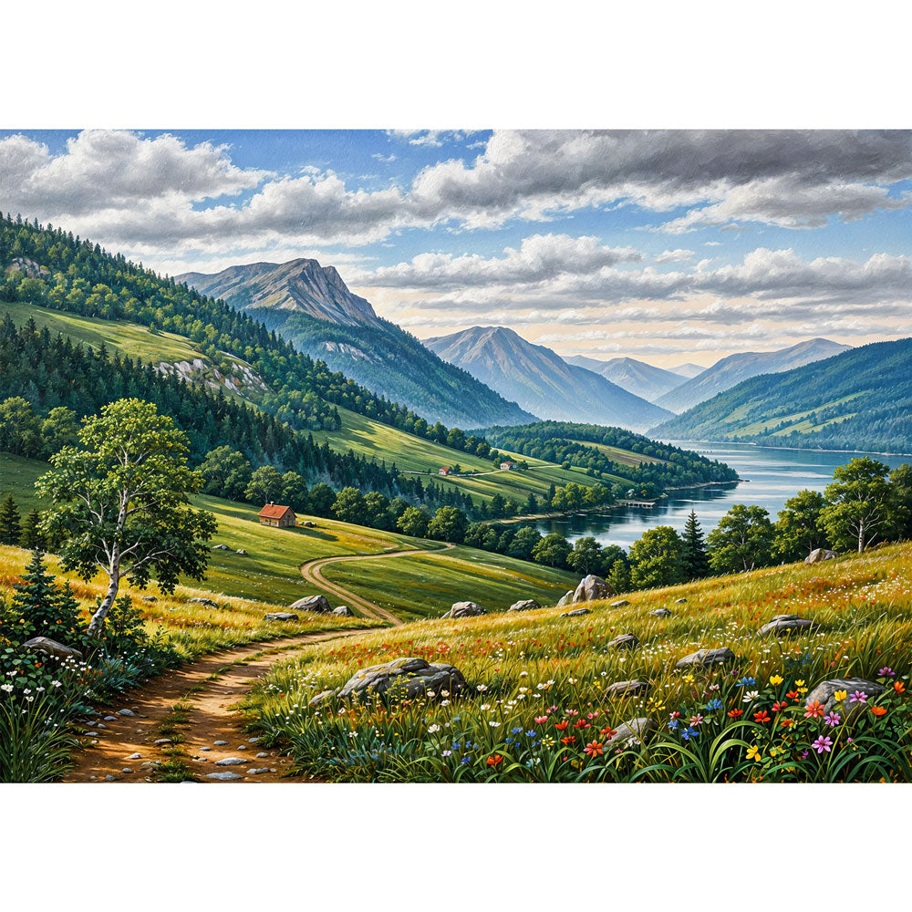5D Diamond Painting – Sonnental mit Bergpanorama und Flusslauf | Unique Diamond