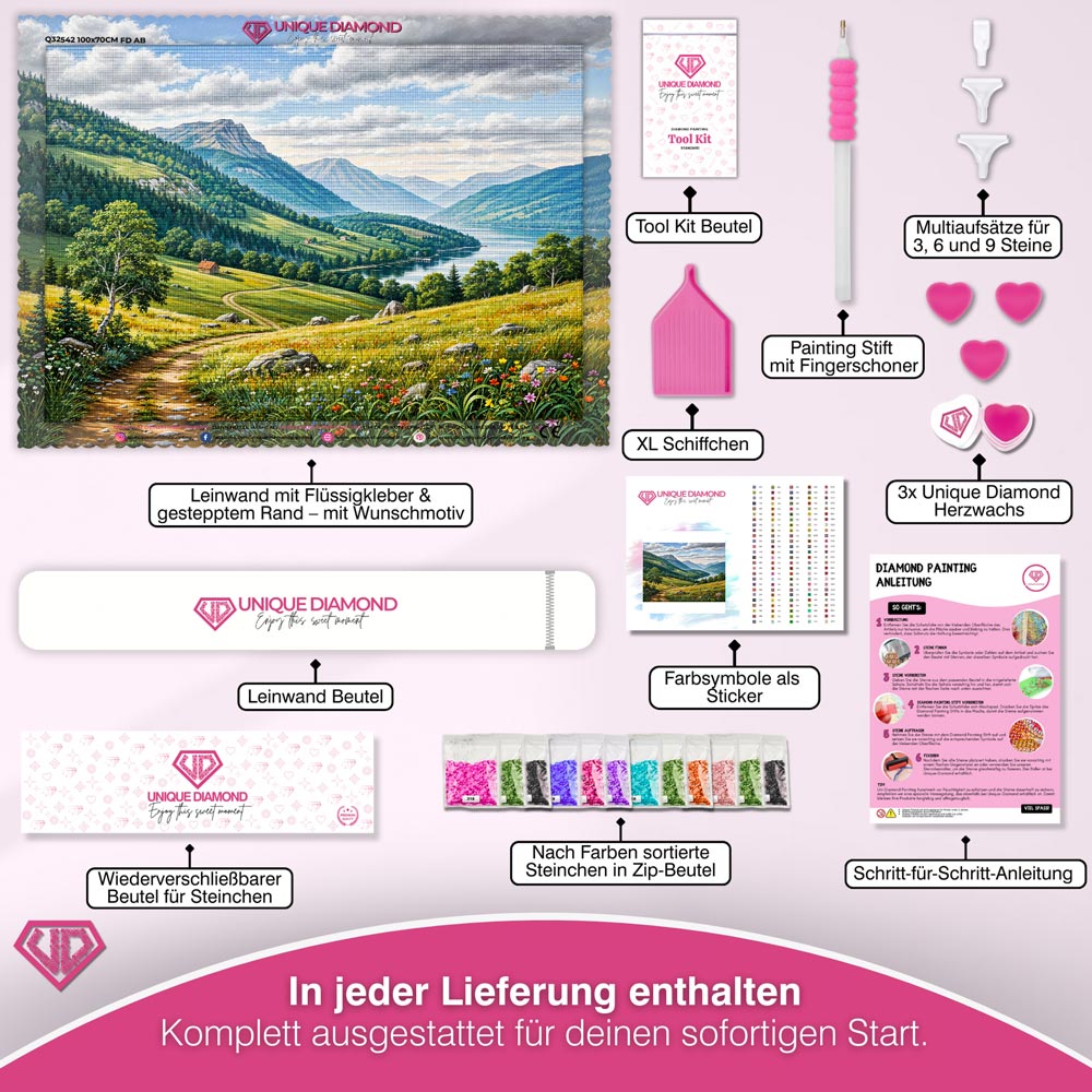 5D Diamond Painting – Sonnental mit Bergpanorama und Flusslauf