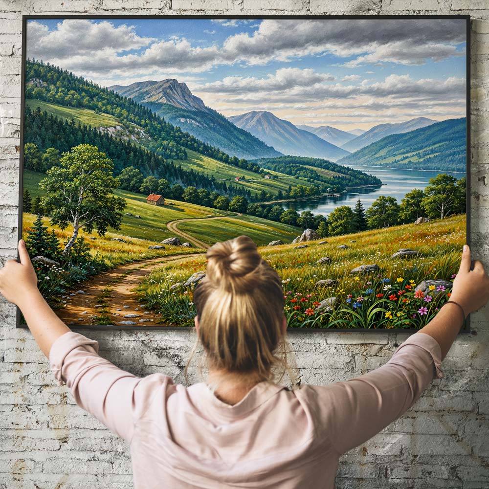 5D Diamond Painting – Sonnental mit Bergpanorama und Flusslauf