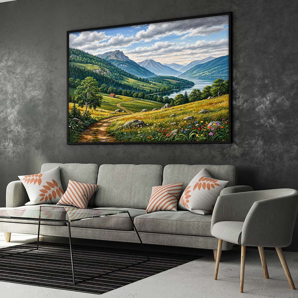5D Diamond Painting – Sonnental mit Bergpanorama und Flusslauf