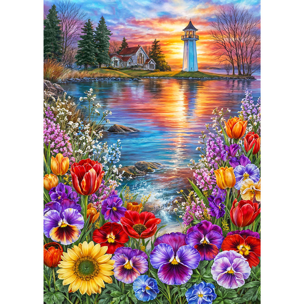5D Diamond Painting – Sunset Lighthouse Garden, Unique-Diamond