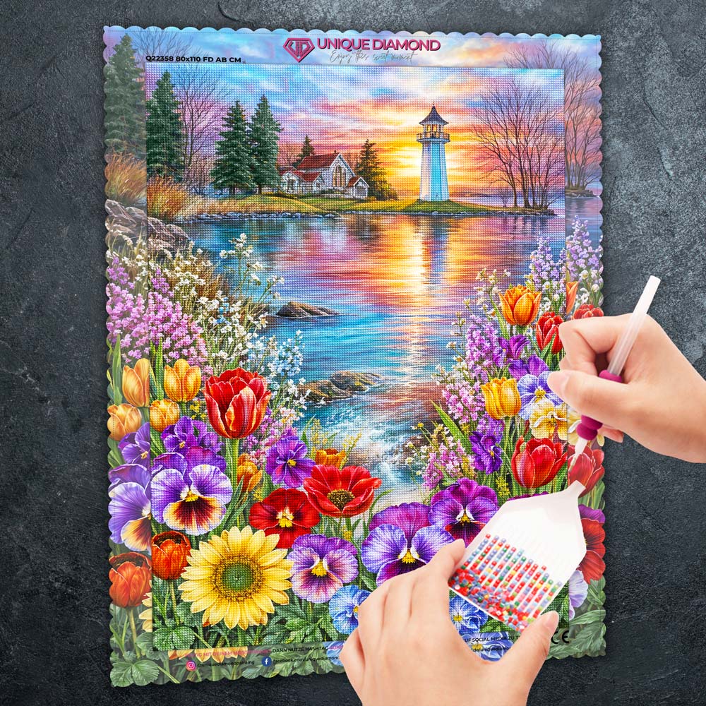 5D Diamond Painting – Sunset Lighthouse Garden