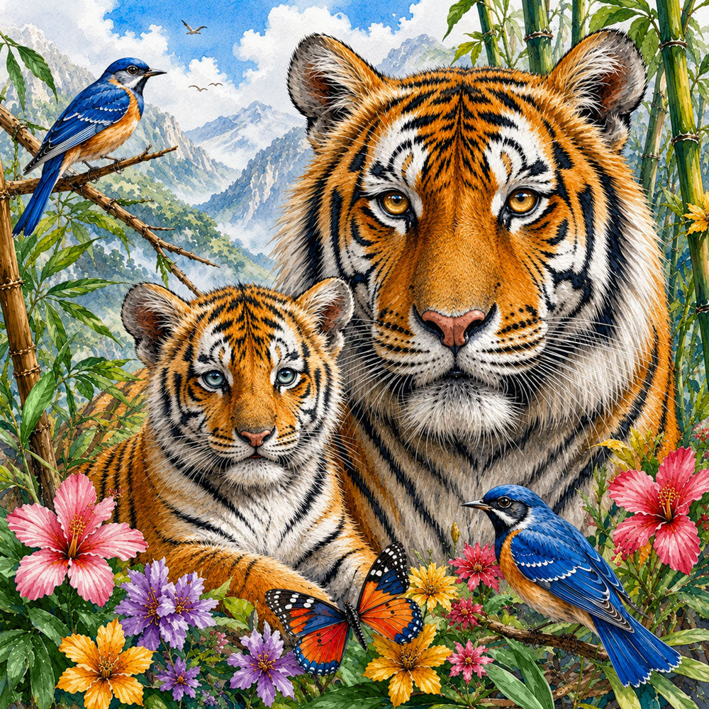 5D Diamond Painting – Tigerfamilie im Blütenbambus | Unique Diamond