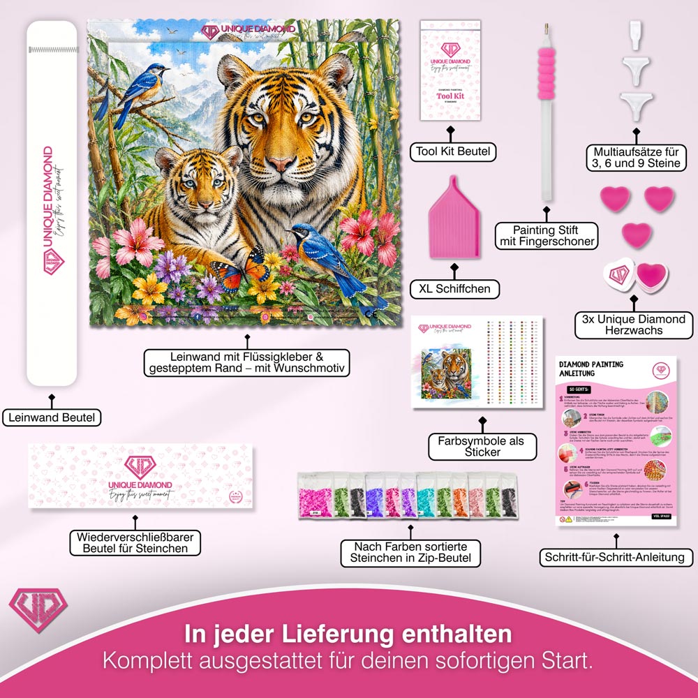 5D Diamond Painting – Tigerfamilie im Blütenbambus