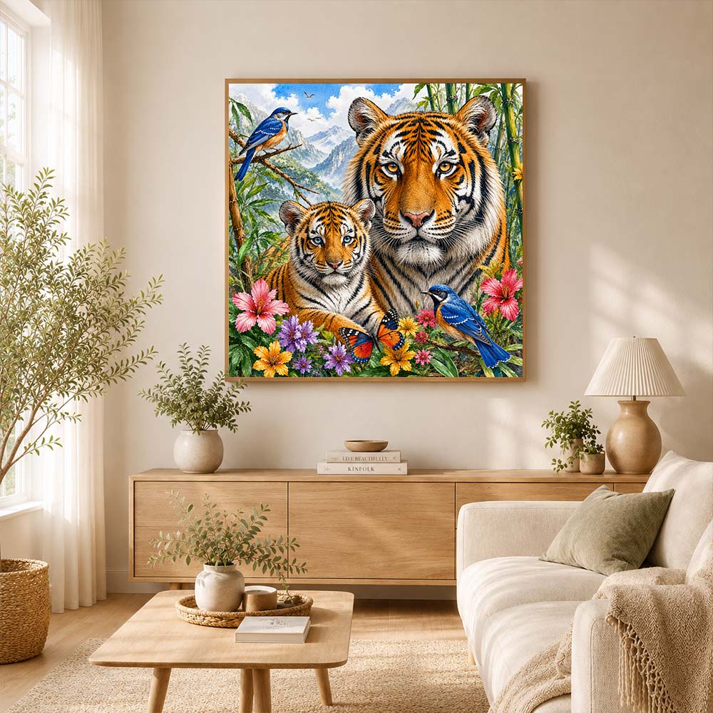 5D Diamond Painting – Tigerfamilie im Blütenbambus