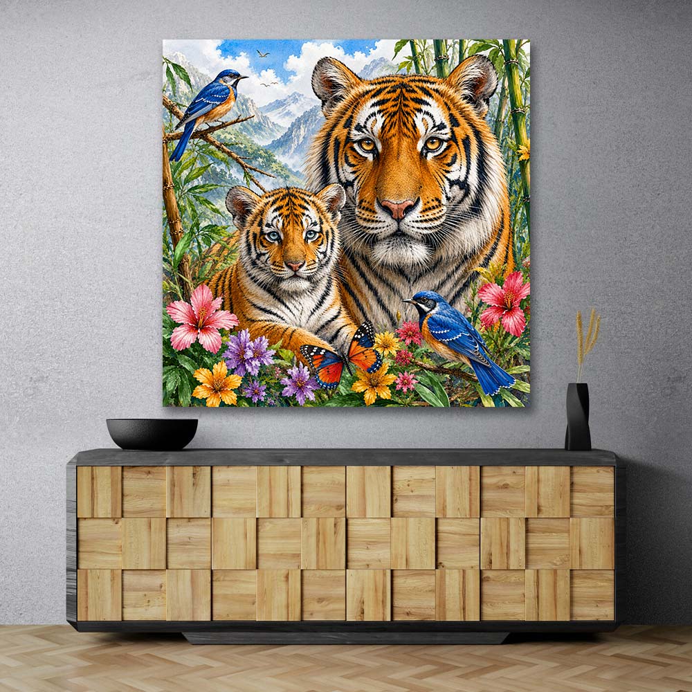 5D Diamond Painting – Tigerfamilie im Blütenbambus
