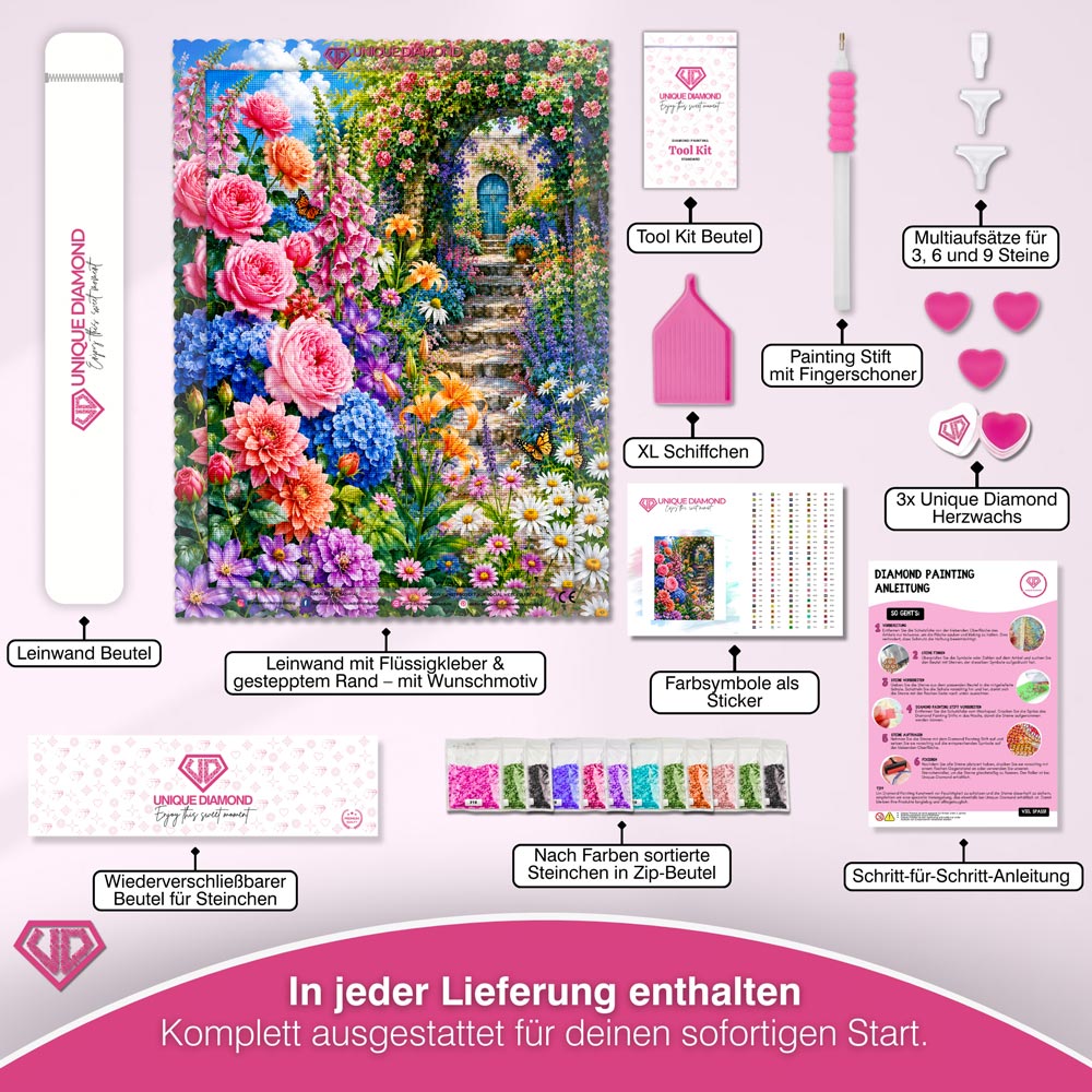 5D Diamond Painting – Verzauberter Blütenpfad