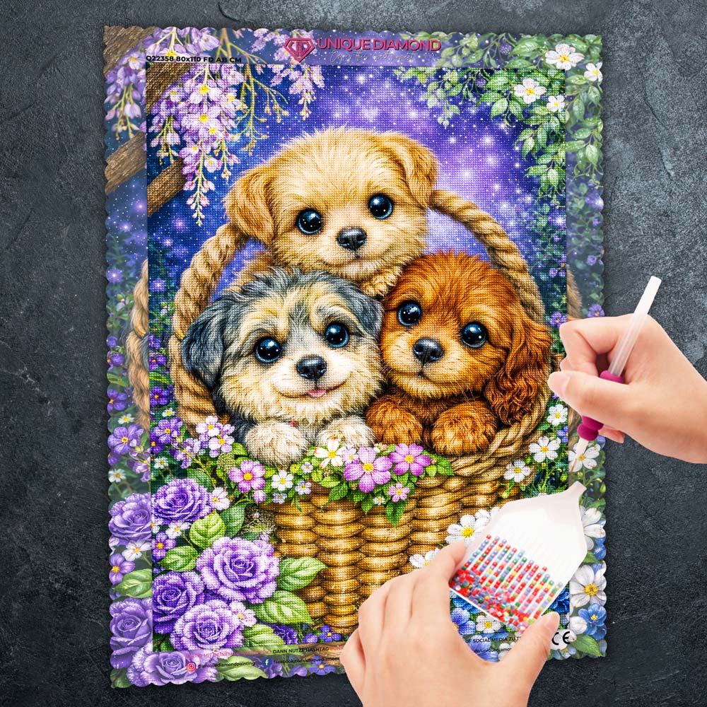 5D Diamond Painting – Welpen Trio Milo, Nala & Bruno im Blütenkorb