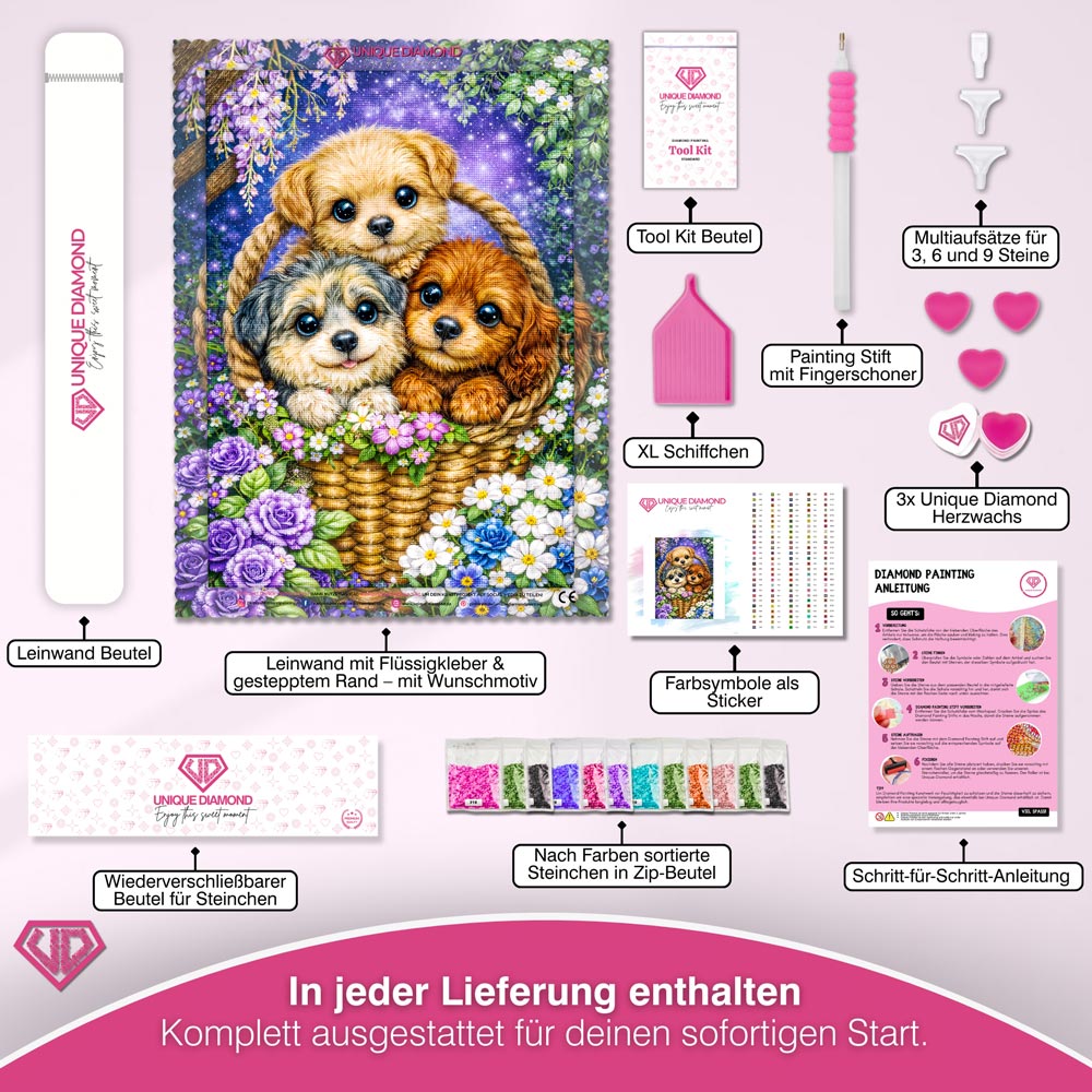 5D Diamond Painting – Welpen Trio Milo, Nala & Bruno im Blütenkorb