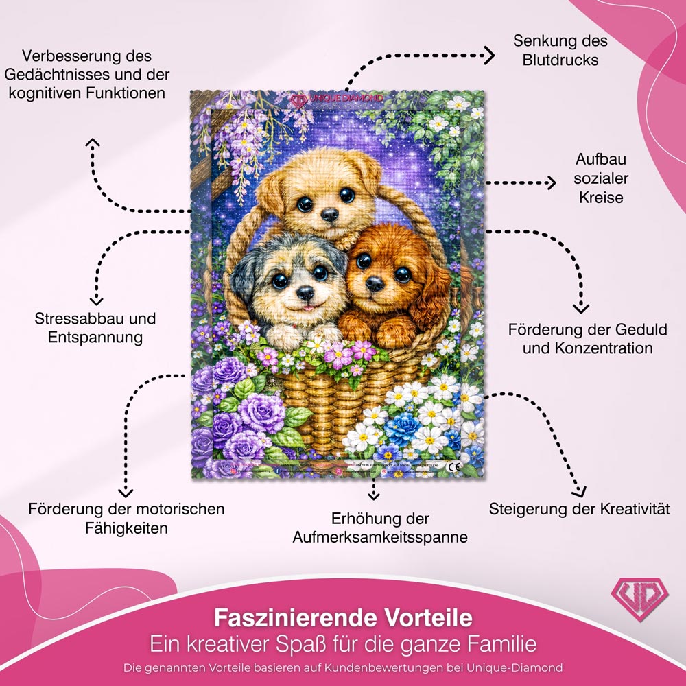 5D Diamond Painting – Welpen Trio Milo, Nala & Bruno im Blütenkorb