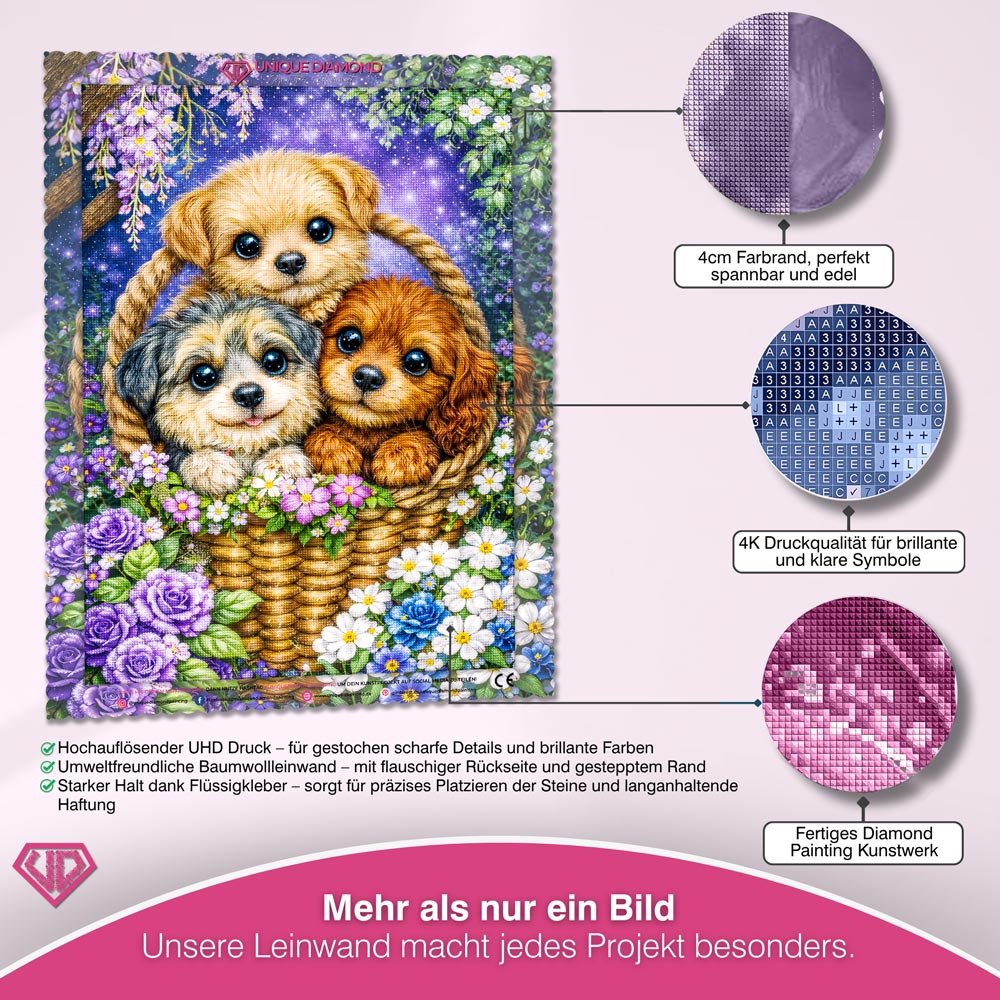 5D Diamond Painting – Welpen Trio Milo, Nala & Bruno im Blütenkorb