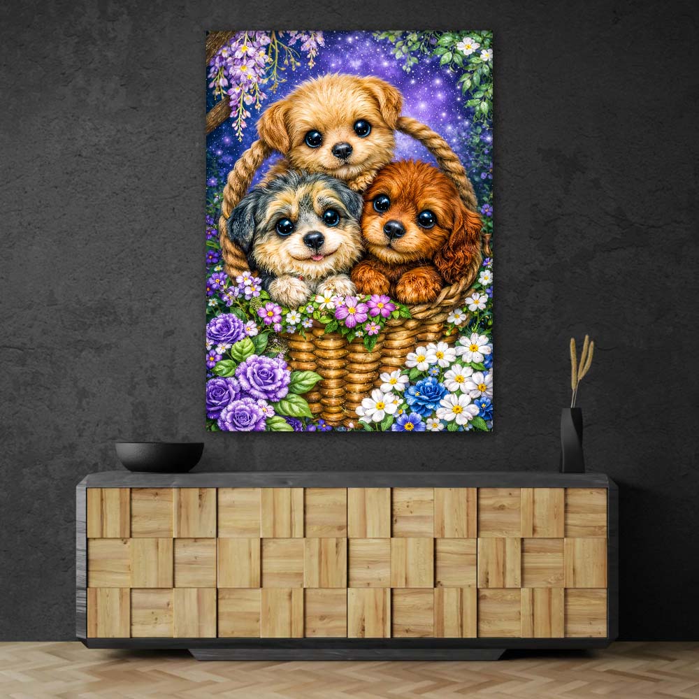 5D Diamond Painting – Welpen Trio Milo, Nala & Bruno im Blütenkorb