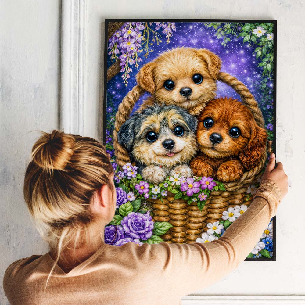 5D Diamond Painting – Welpen Trio Milo, Nala & Bruno im Blütenkorb