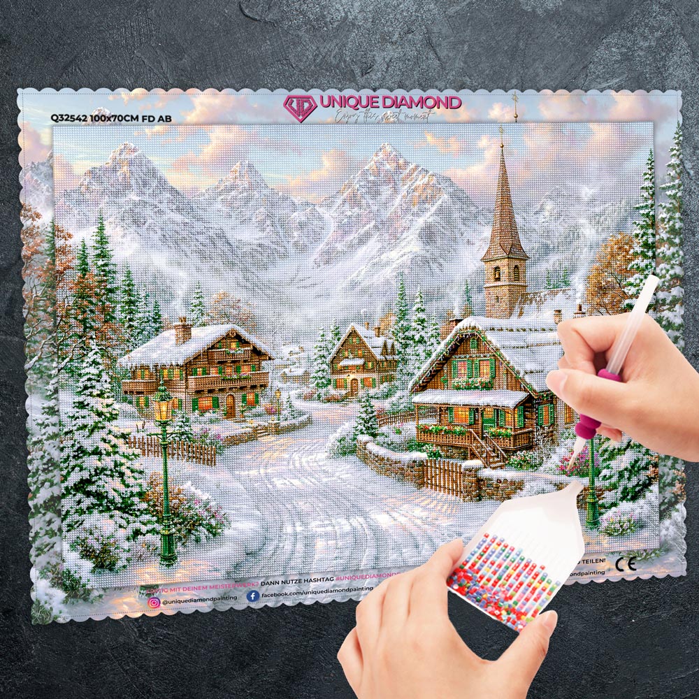 5D Diamond Painting – Winterdorf im Alpenglühen