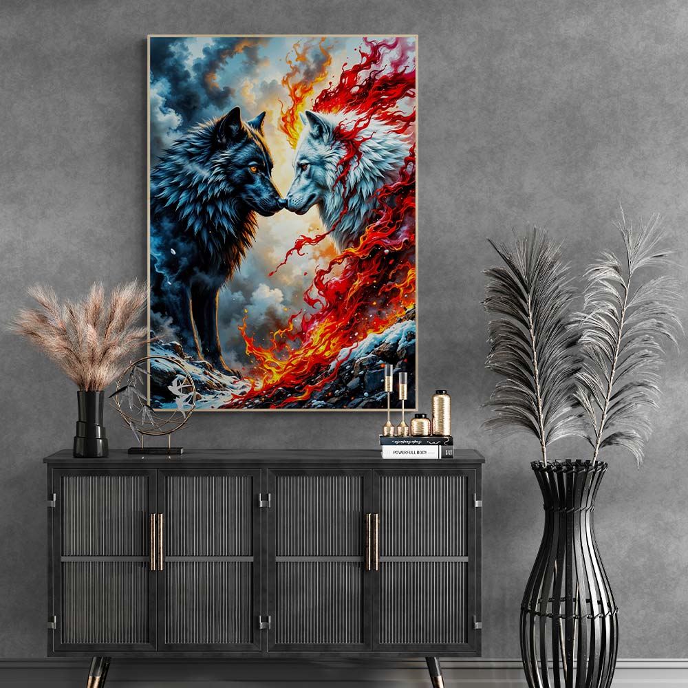 5D Diamond Painting – Wölfe des Feuers und Eises, Unique-Diamond