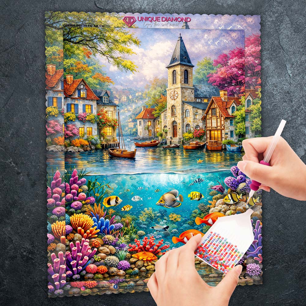 5D Diamond Painting – Zauberhafte Küstenstadt über dem Korallenparadies