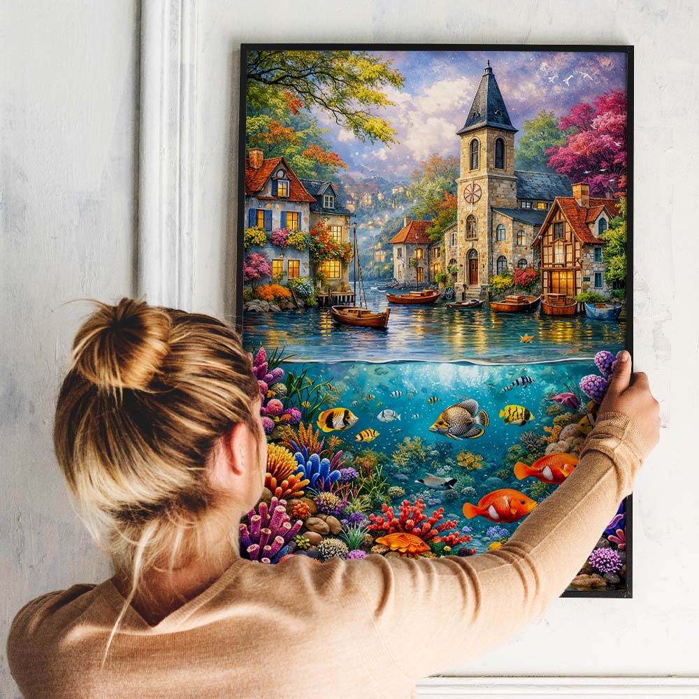 5D Diamond Painting – Zauberhafte Küstenstadt über dem Korallenparadies