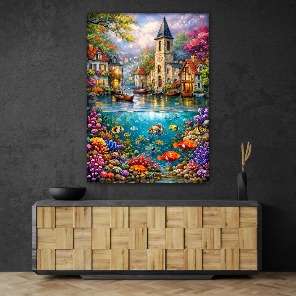 5D Diamond Painting – Zauberhafte Küstenstadt über dem Korallenparadies