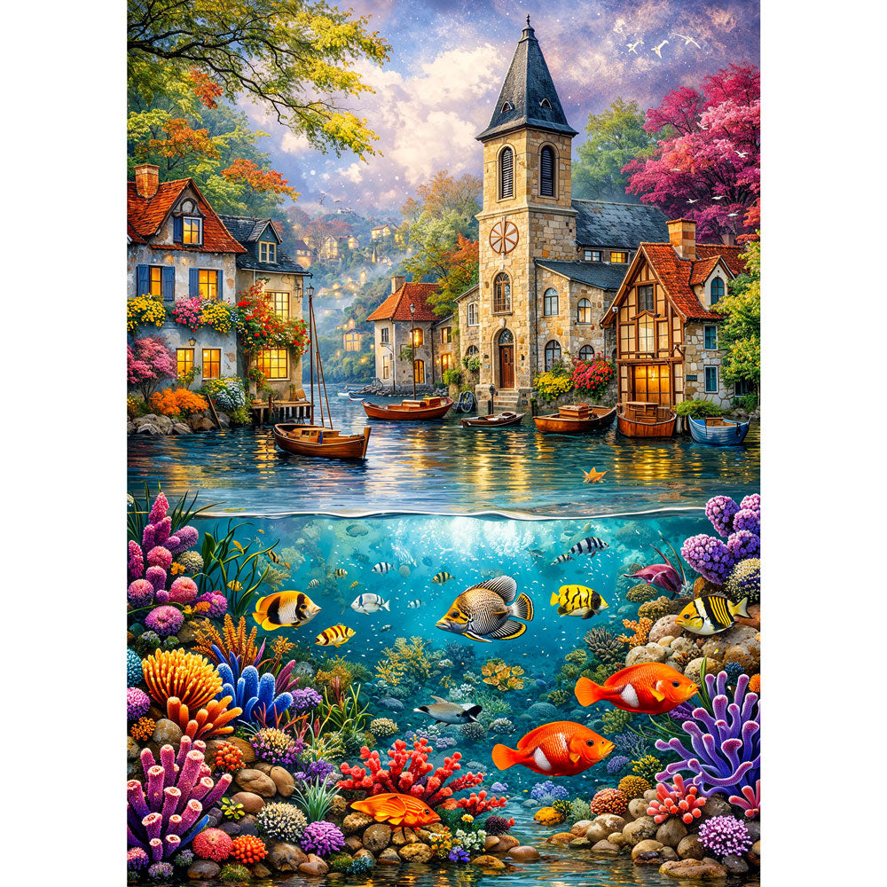 5D Diamond Painting – Zauberhafte Küstenstadt über dem Korallenparadies