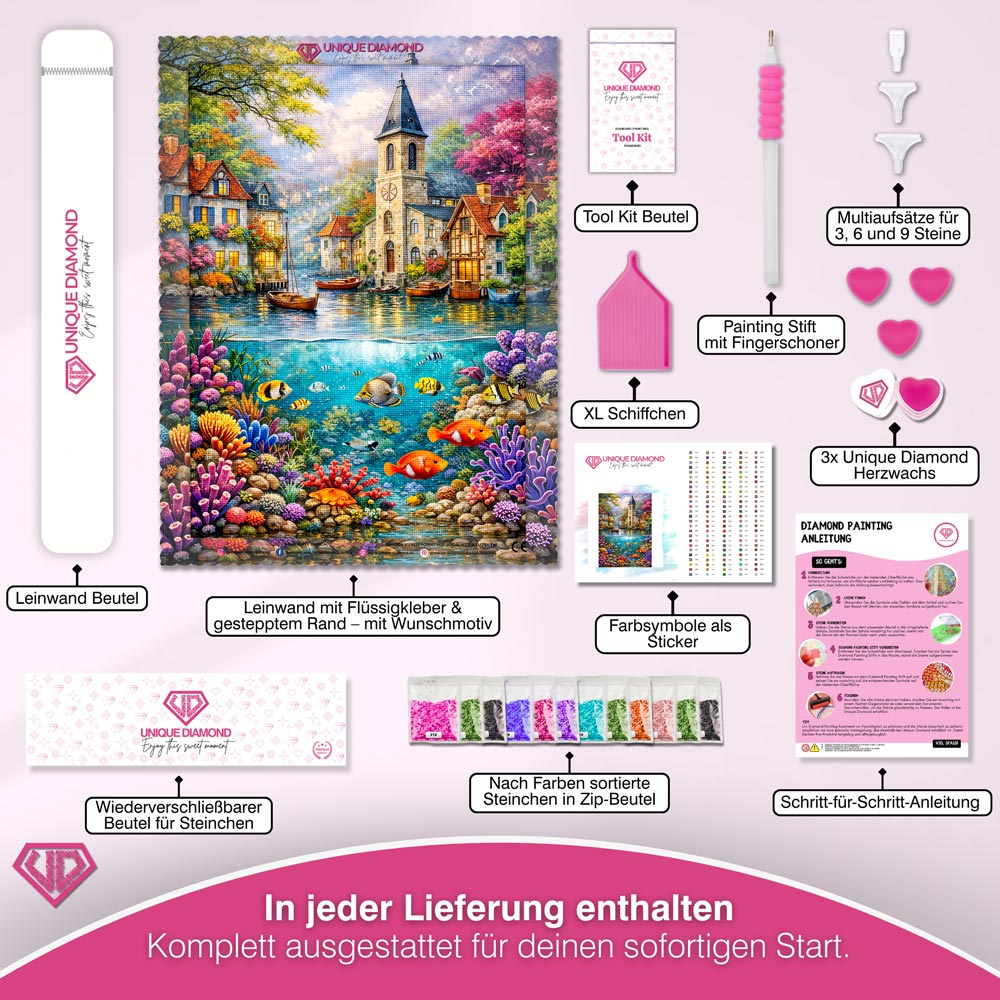 5D Diamond Painting – Zauberhafte Küstenstadt über dem Korallenparadies