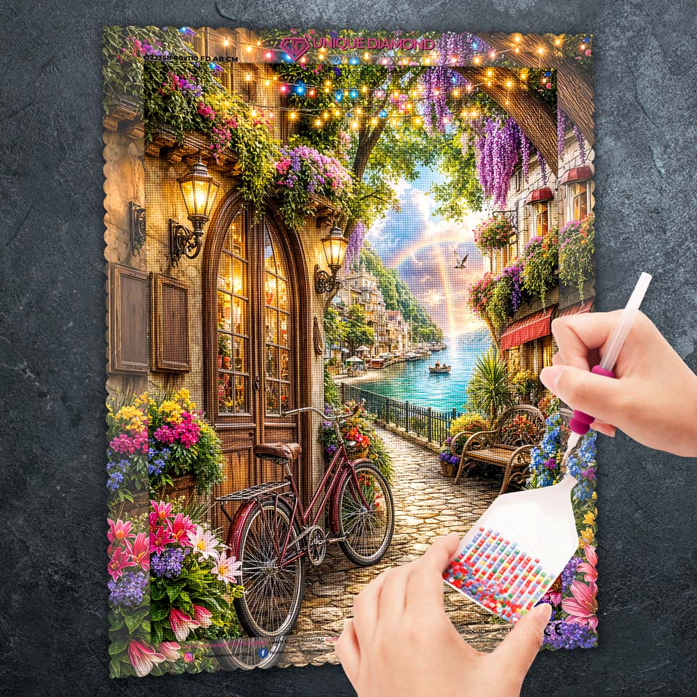 5D Diamond Painting – Zauberhafte Ufergasse im Abendlicht
