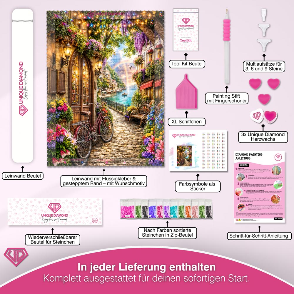 5D Diamond Painting – Zauberhafte Ufergasse im Abendlicht