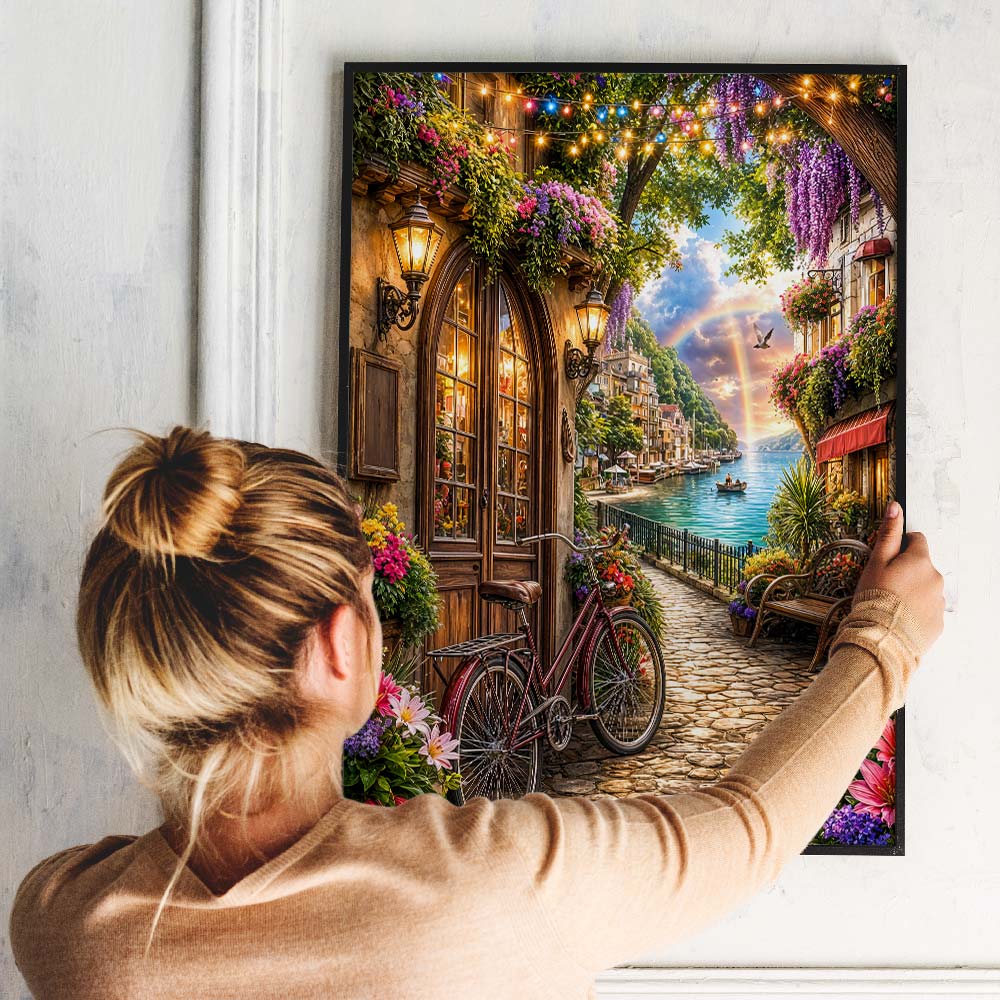 5D Diamond Painting – Zauberhafte Ufergasse im Abendlicht
