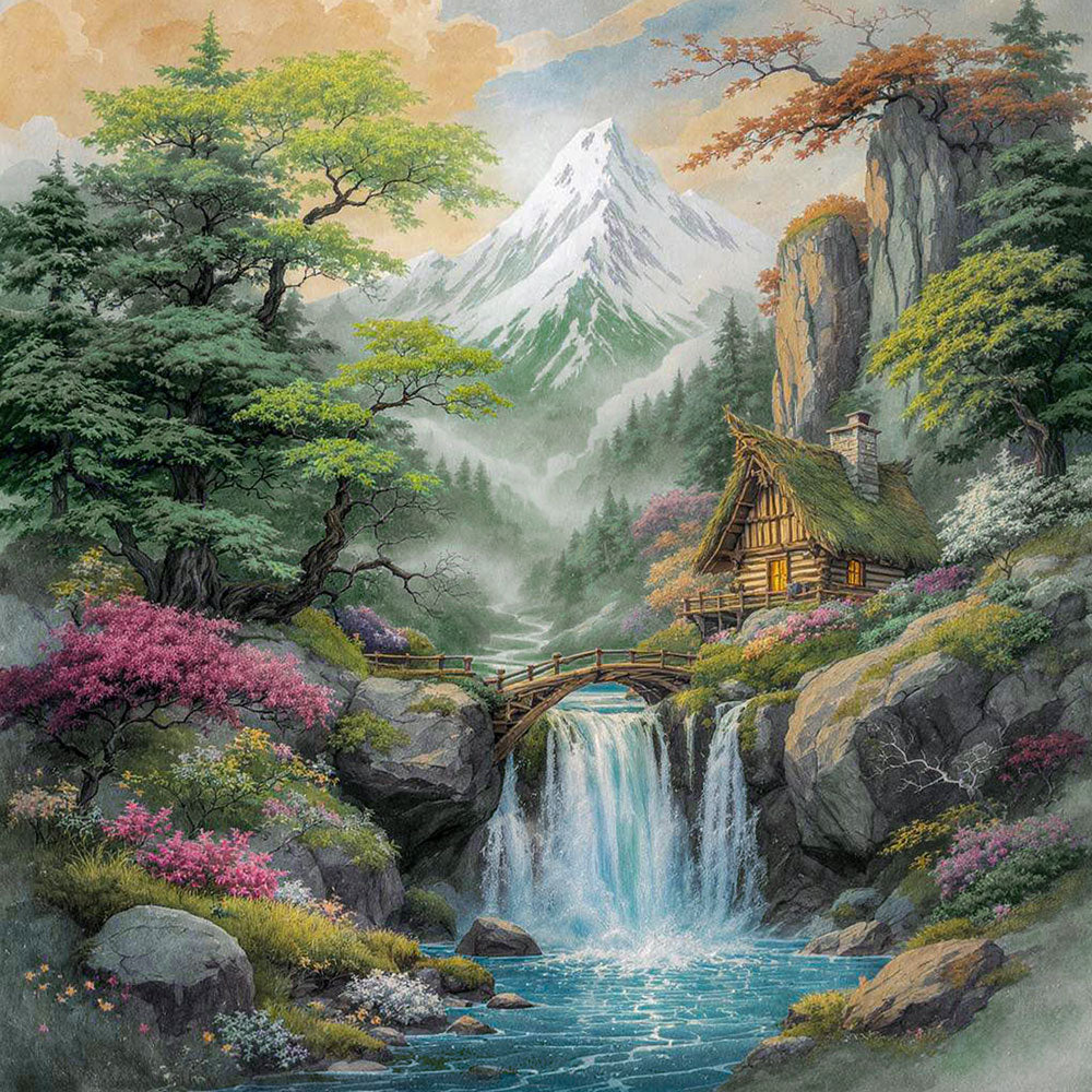5D Diamond Painting – Zauberhütte am Wasserfall Unique-Diamond