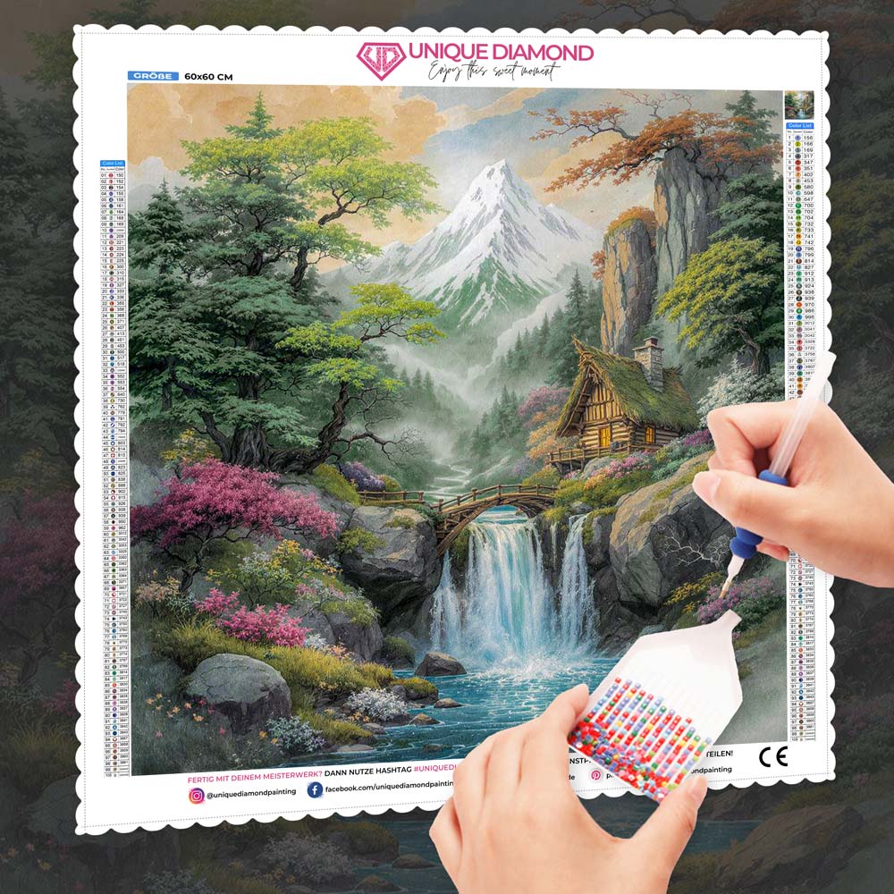 5D Diamond Painting – Zauberhütte am Wasserfall Unique-Diamond