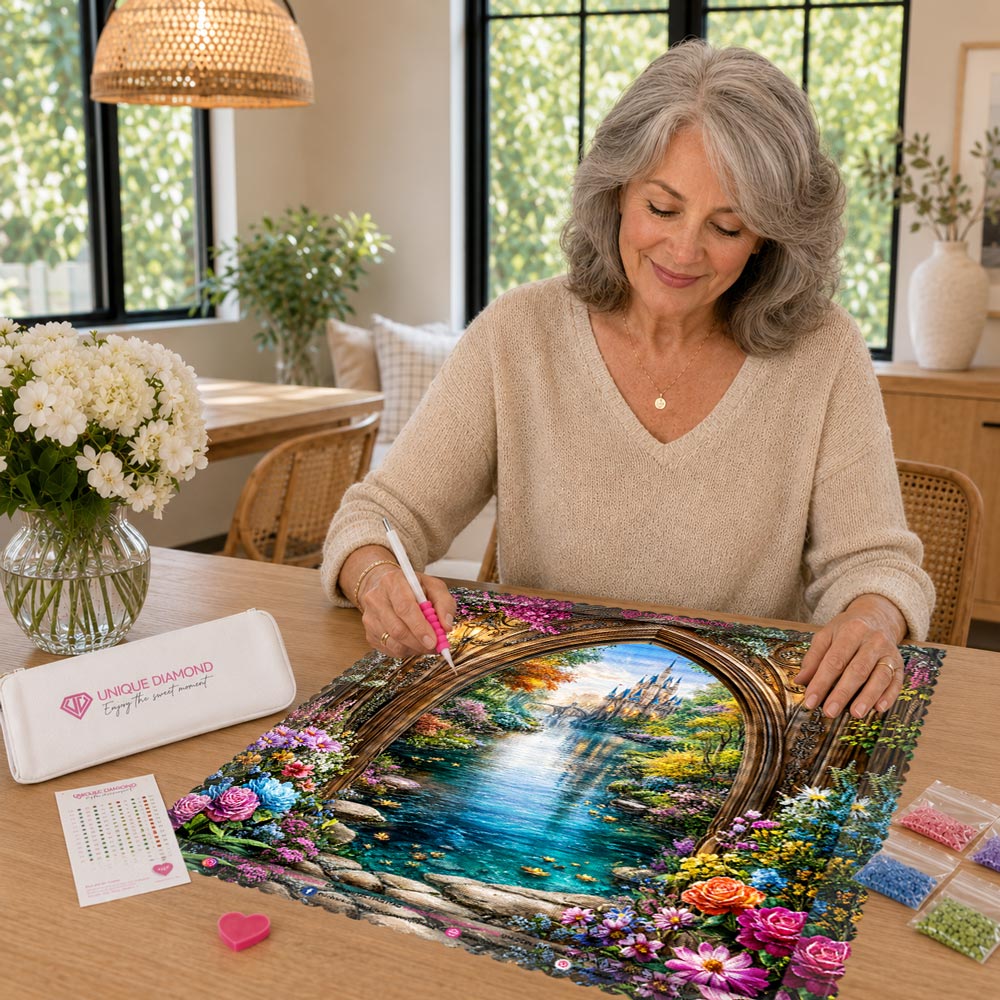 5D Diamond Painting – Zauberschloss am Kristallfluss