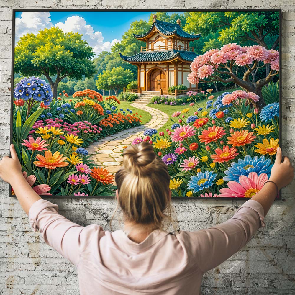 5D Diamond Painting mit AB-Effekt - Blütenpfad zum Tempel mit 100 Farben, Unique-Diamond
