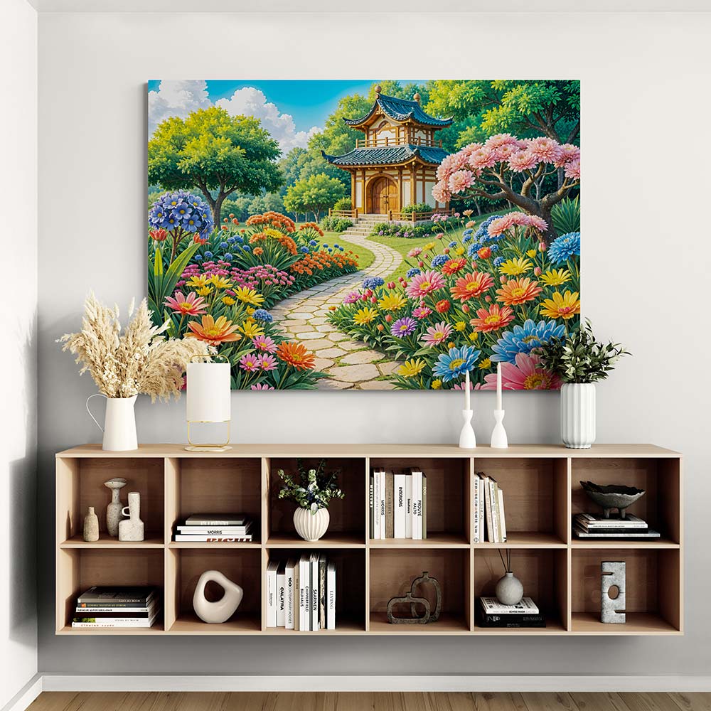 5D Diamond Painting mit AB-Effekt - Blütenpfad zum Tempel mit 100 Farben, Unique-Diamond