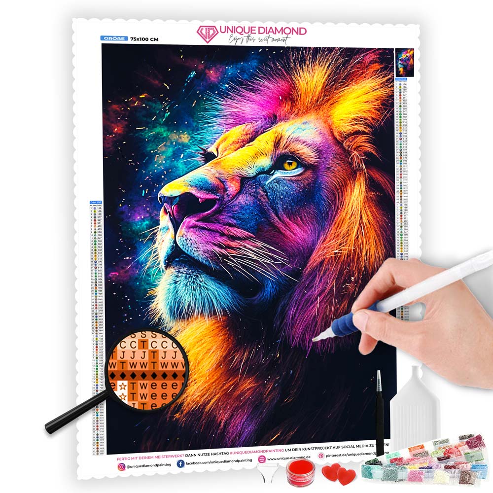 5D Diamond Painting mit AB-Effekt – Astrale Majestät des Löwen mit 100 Farben, Unique-Diamond