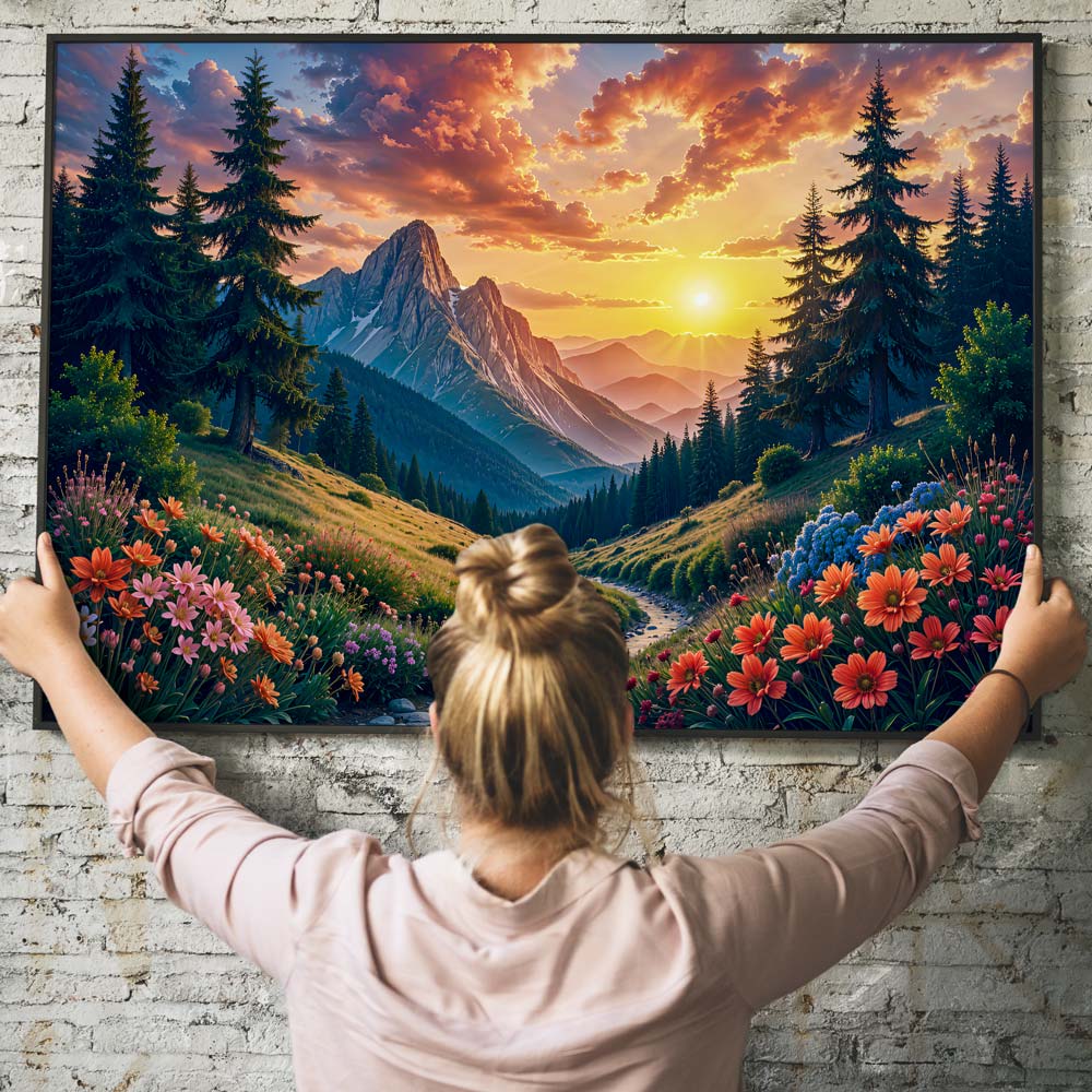 5D Diamond Painting mit AB-Effekt – Bergträume im Abendlicht mit 100 Farben, Unique-Diamond