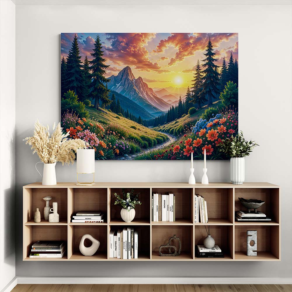 5D Diamond Painting mit AB-Effekt – Bergträume im Abendlicht mit 100 Farben, Unique-Diamond