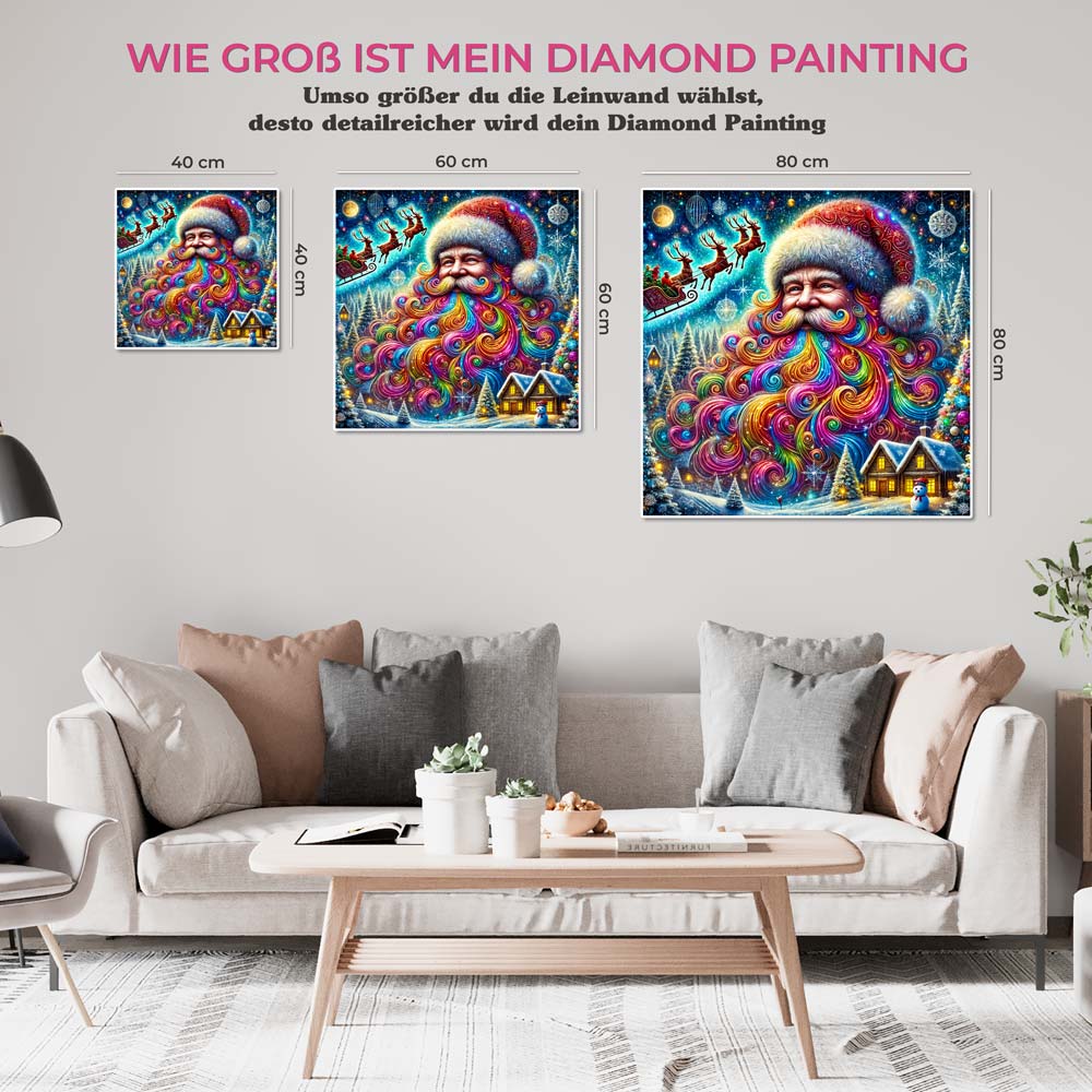 5D Diamond Painting mit AB Effekt – Bunter Weihnachtsmann im Winterwunderland mit 100 Farben, Unique-Diamond
