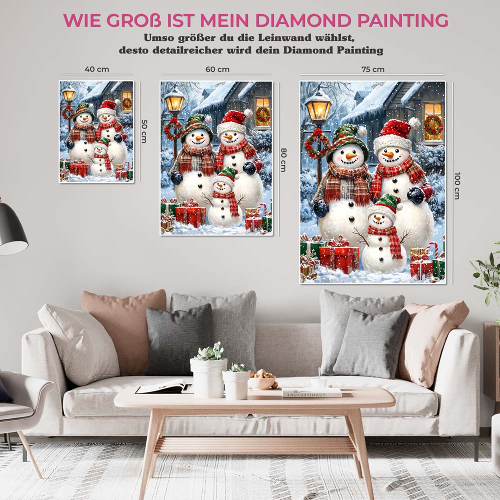 5D Diamond Painting mit AB-Effekt – Die fröhliche Schneemann-Familie, Unique-Diamond
