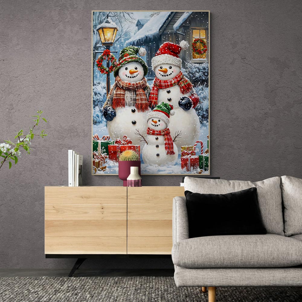 5D Diamond Painting mit AB-Effekt – Die fröhliche Schneemann-Familie, Unique-Diamond