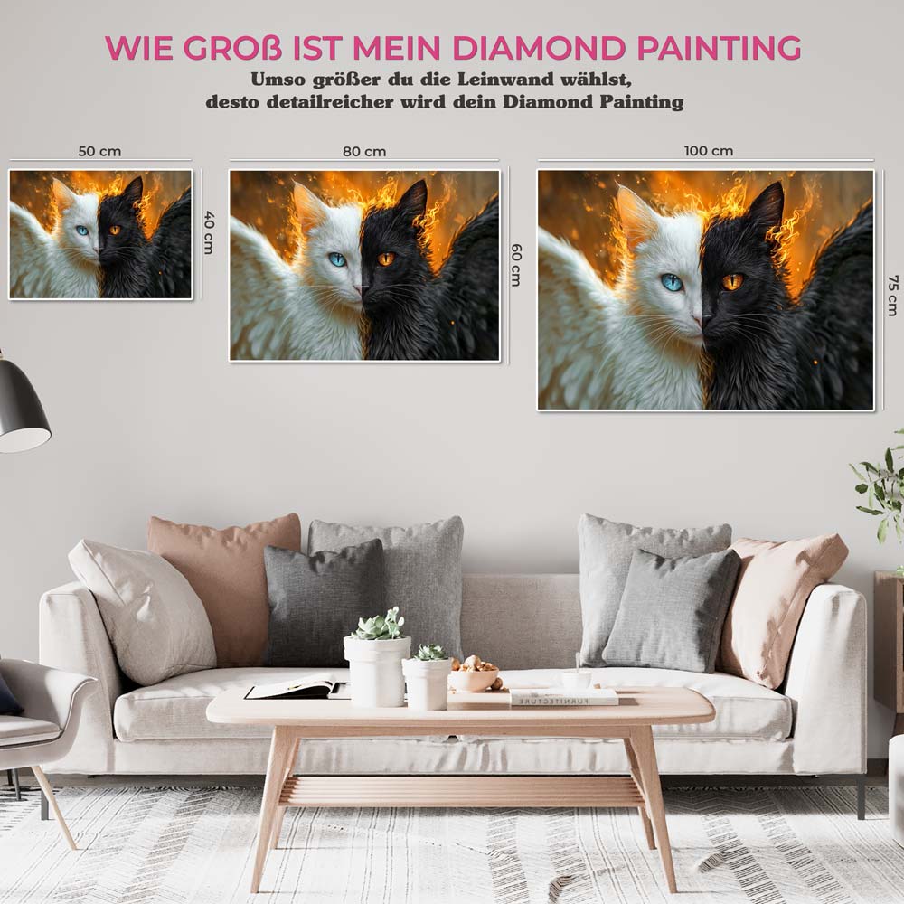 5D Diamond Painting mit AB Effekt – Engel und Dämon: Die zwei Seiten der Katze, Unique-Diamond