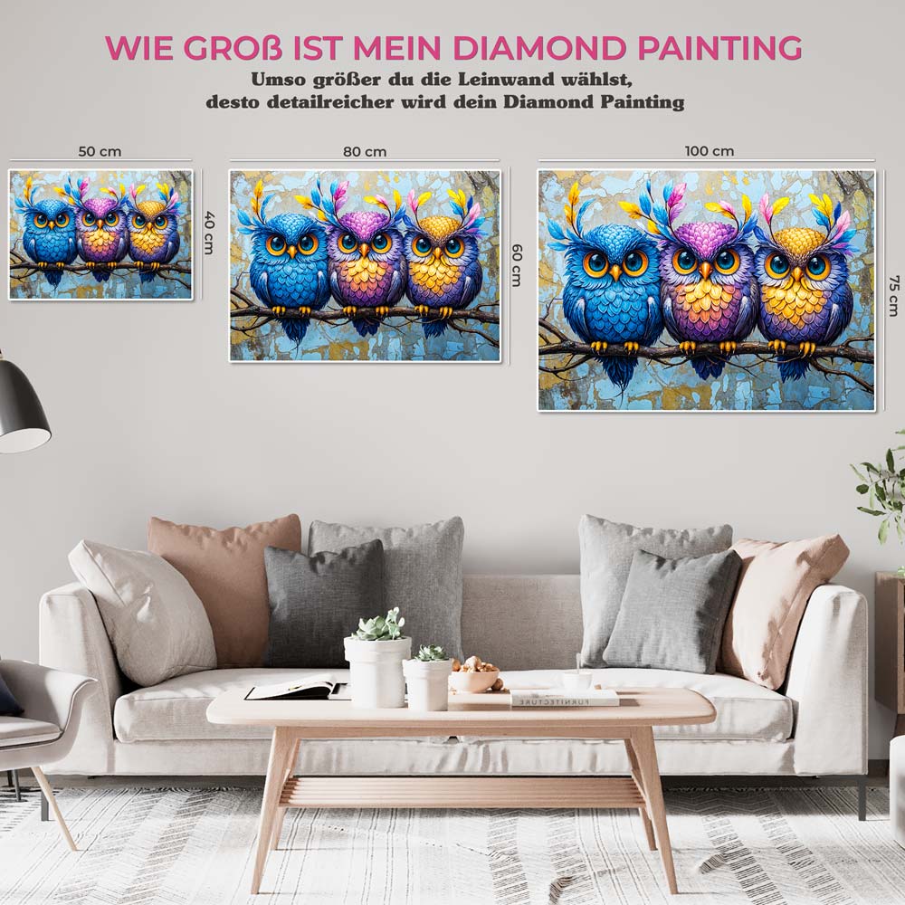 5D Diamond Painting mit AB Effekt – Farbenfrohe Eulen, Unique-Diamond
