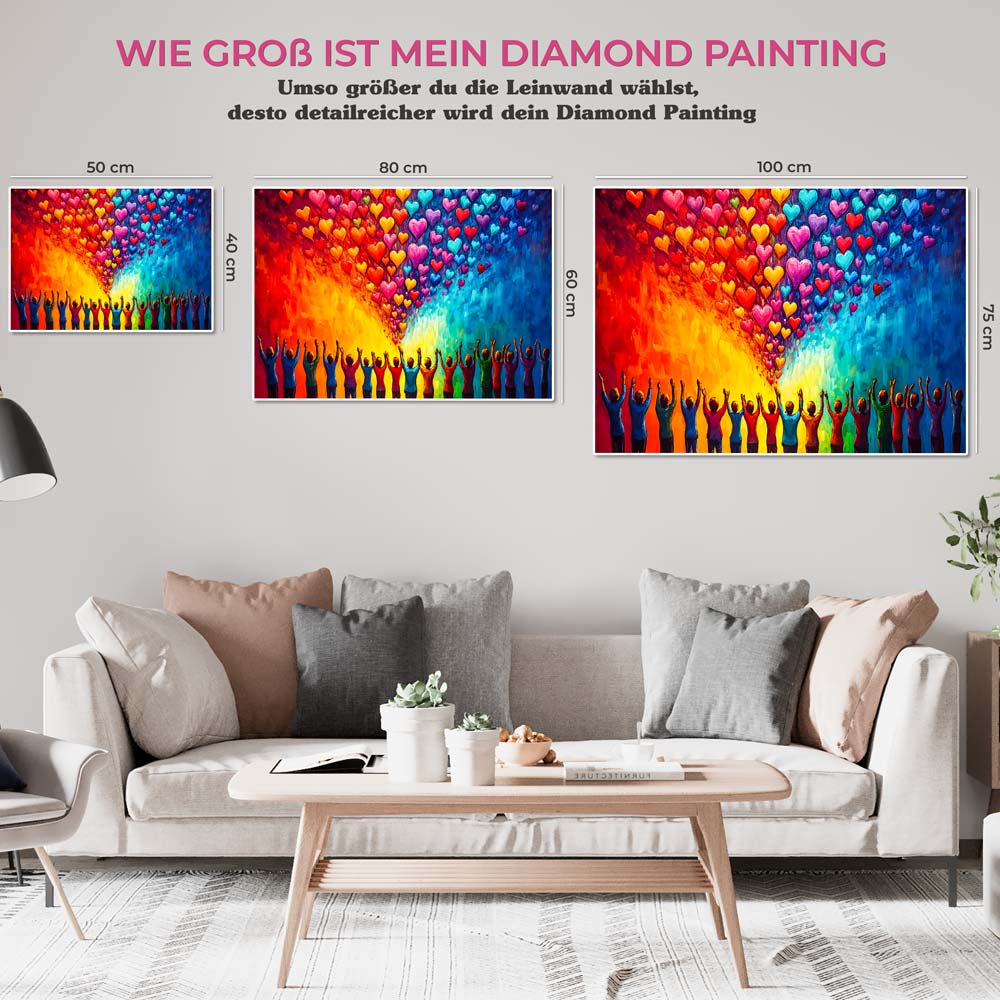 5D Diamond Painting mit AB Effekt – Farbenfrohe Herzen und Menschen mit 100 Farben, Unique-Diamond